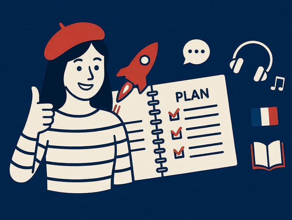 Une femme contente avec un plan pour apprendre le français avec des livres, de la musique etc. pour regagner la motivation